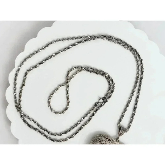 Sterling Silver Heart Shaped FIligree Style Cutout Vintage Pendant Necklace 30" - Picture 6 of 8